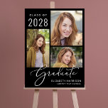 Elegant Script 3 Photo Graduation Welcome Sign<br><div class="desc">Graduation party black foam board welcome sign featuring a 3 picture photo collage and "Graduate" in an elegant white script. Add the grad's name,  class year and school in simple modern white typography.</div>