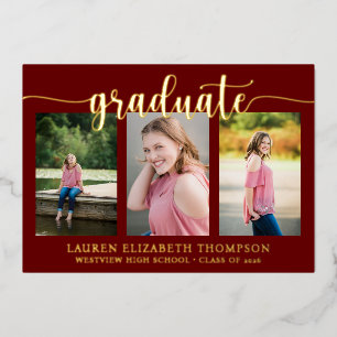 Elegant Script 3 Photo Maroon Graduation Gold Foil Invitation