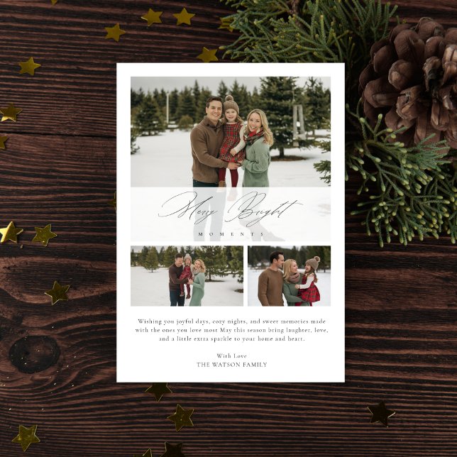  Elegant Script 3 Photo Merry Bright Moments Holiday Card (Creator Uploaded)