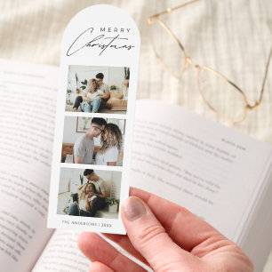 Elegant Script 3 Photo Modern Merry Christmas Card Bookmarks
