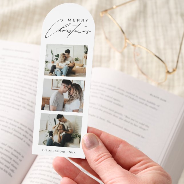 Elegant Script 3 Photo Modern Merry Christmas Card Bookmarks (Hand)
