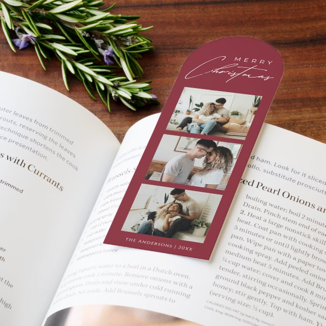 Elegant Script 3 Photo Modern Red Christmas Card Bookmarks (Book)