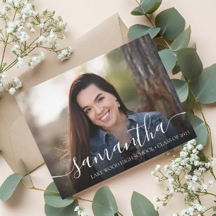 Elegant Script 3 Photo Navy Blue Graduation Gold Foil Invitation