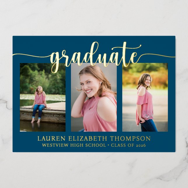 Elegant Script 3 Photo Navy Blue Graduation Gold Foil Invitation (Front)
