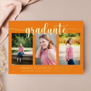 Elegant Script 3 Photo Orange Graduation Gold Foil Foil Invitation