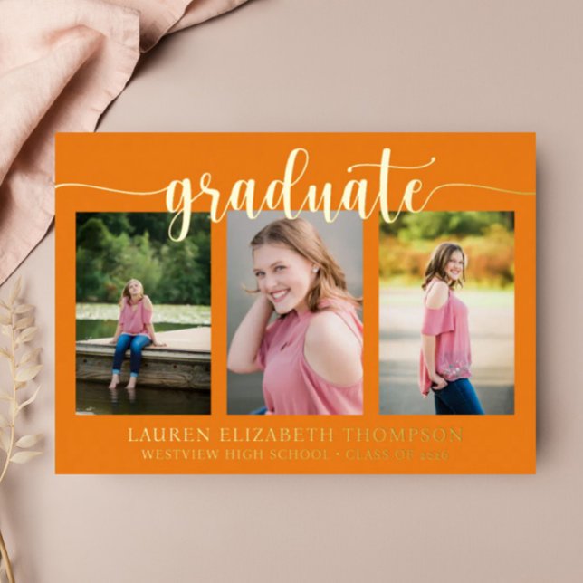 Elegant Script 3 Photo Orange Graduation Gold Foil Foil Invitation (Creator Uploaded)
