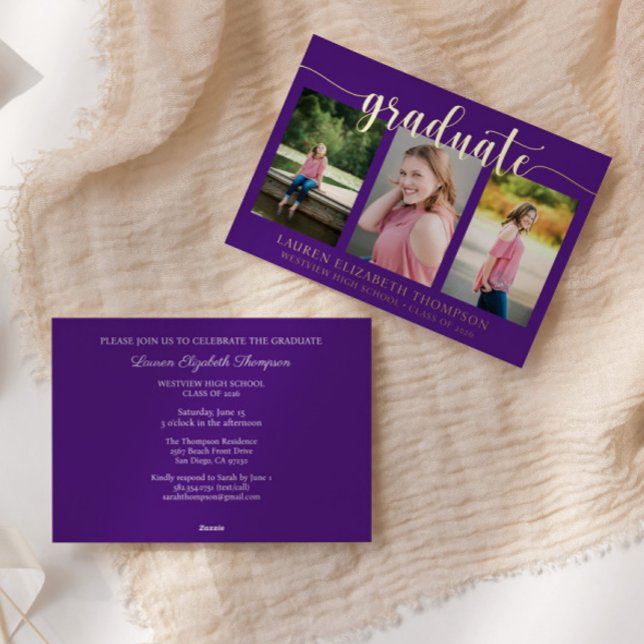 Elegant Script 3 Photo Purple Graduation Gold Foil Invitation (Creator Uploaded)