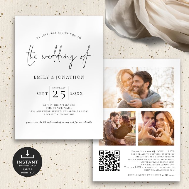 Elegant script 3 Photo QR Code Black White Wedding Invitation (Front and back view)