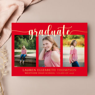 Elegant Script 3 Photo Red Graduation Gold Foil Invitation