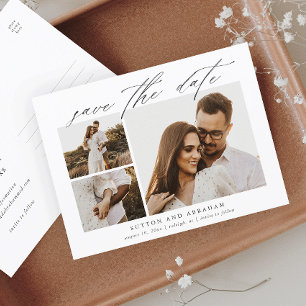 Elegant Script 3 Photo Wedding Save the Date Announcement Postcard
