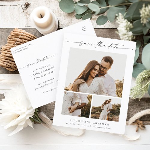 Elegant Script 3 Photo Wedding Save the Date Announcement Postcard