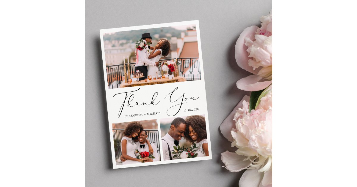 Elegant Script 3 Photo Wedding Thank You Card | Zazzle