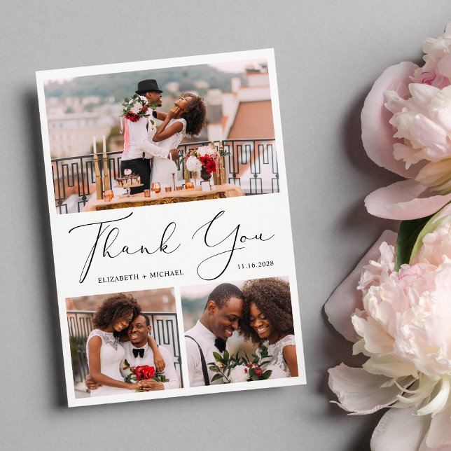 Elegant Script 3 Photo Wedding Thank You Card (Creator Uploaded)
