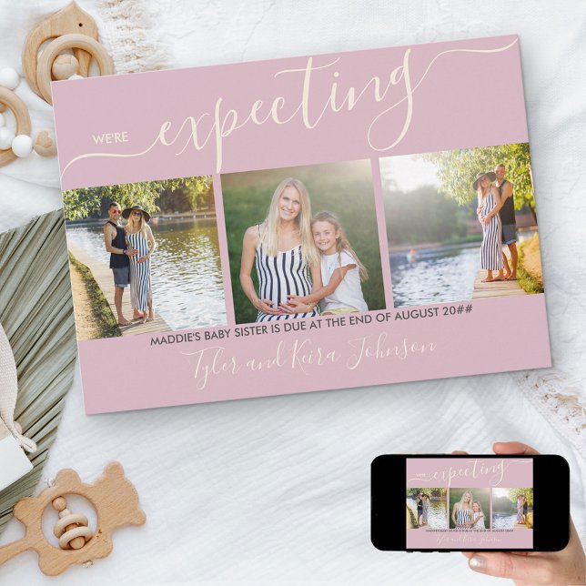 Elegant Script 3 Square Photo Baby Girl Pregnancy Announcement (Creator Uploaded)