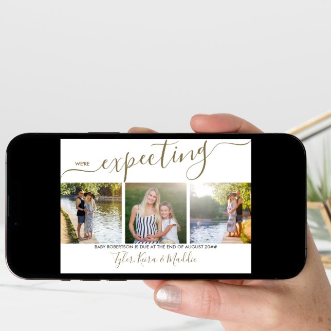 Elegant Script 3 Square Photo Gold Grey Pregnancy Announcement (Front Digital)