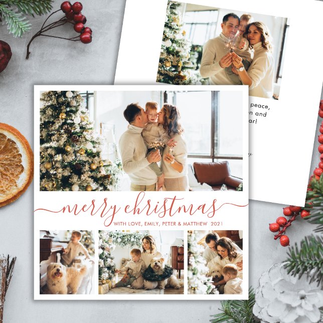 Elegant Script 4 Photo Collage Christmas Card (Creator Uploaded)