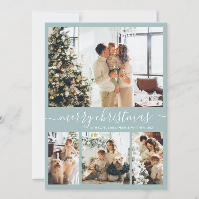 Elegant Script 4 Photo Collage Christmas Holiday C Card (Front)