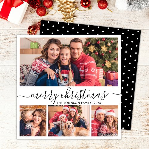 Elegant Script 4 Photo Collage Dots Christmas Holiday Card