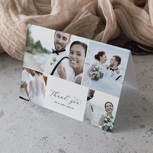 Elegant Script 4 Photo Collage Folded Wedding Thank You Card