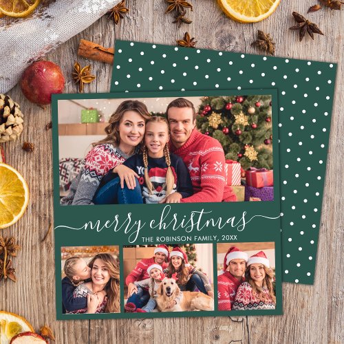 Elegant Script 4 Photo Collage Green Christmas Holiday Card