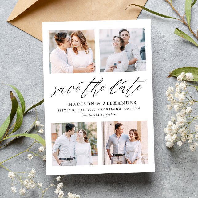 Elegant Script 4 Photo Collage Save The Date (Creator Uploaded)