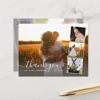 Elegant Script 4 Photo Collage Wedding Thank You Postcard by monogramgallery at Zazzle