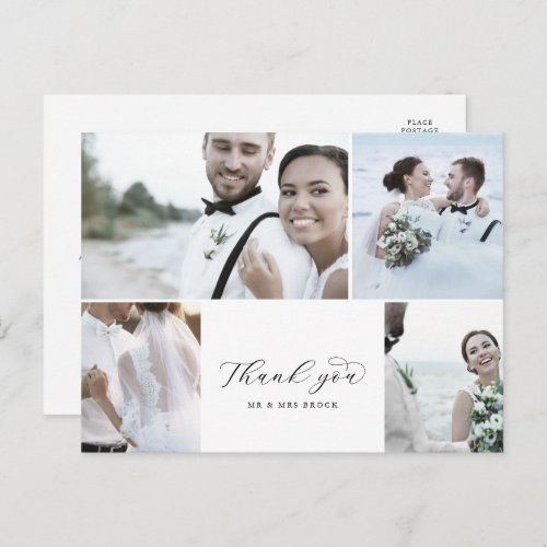 Elegant Script 4 Photo Collage Wedding Thank You Postcard