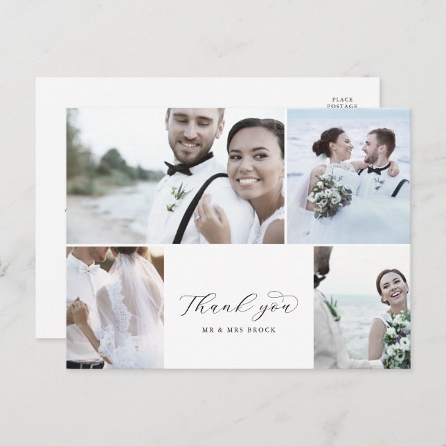 Elegant Script 4 Photo Collage Wedding Thank You Postcard (Front/Back)