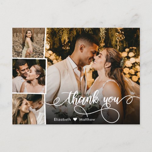 Elegant Script 4 Photo Collage Wedding Thank You Postcard