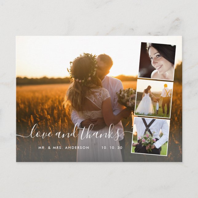 Elegant Script 4 Photo Collage Wedding Thank You Postcard (Front)