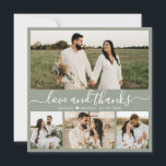 Elegant Script 4 Photo Sage Green Collage Wedding Thank You Card<br><div class="desc">Elegant Sage Green "Love and thanks" Script 4 Photo Collage Wedding Thank You Card. Stylish, modern, minimalist wedding thank you card template featuring four (4) photo on the front and one (1) photo on the back. With the text "Love and thanks" in a swirly hand lettered typography swash-tail font in...</div>