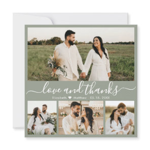 Elegant Script 4 Photo Sage Green Collage Wedding Thank You Card