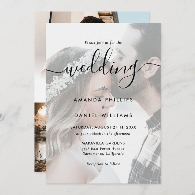 Elegant Script 4 Photo Wedding Invitation (Front/Back)