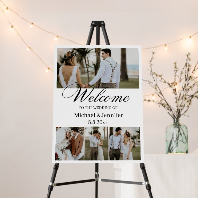 elegant script 4 photos collage wedding welcome  foam board (In Situ (Stand))
