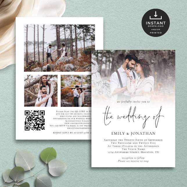Elegant Script 4 Photos Overlay QR Code Wedding  Invitation (Front and back view)