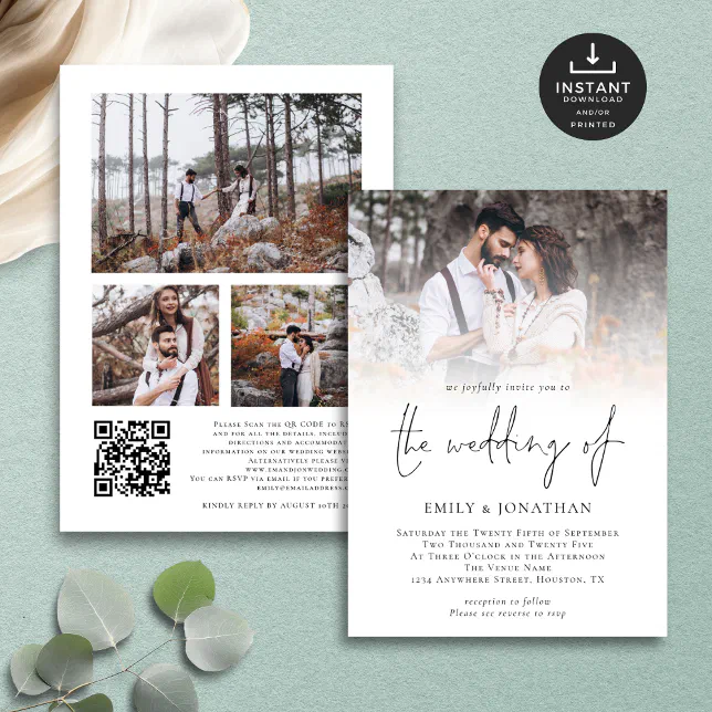 Elegant Script 4 Photos Overlay QR Code Wedding Invitation | Zazzle