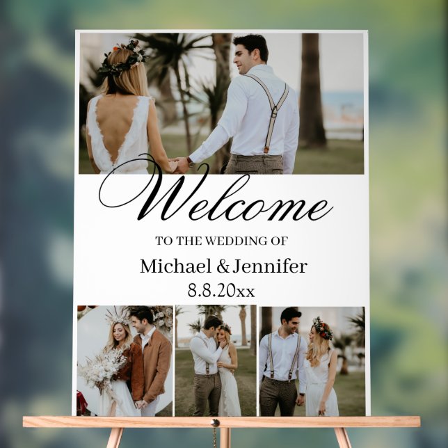 elegant script 4 photos stylish wedding welcome  acrylic sign (Neutral)