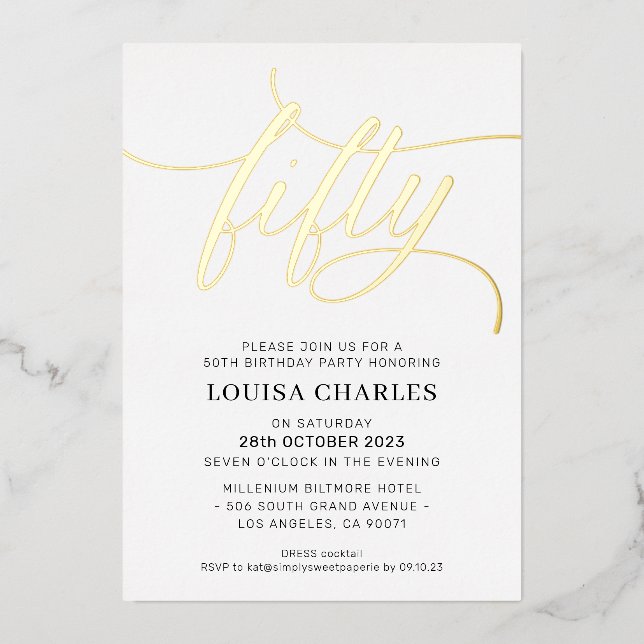 ELEGANT SCRIPT 50th birthday party stylish gold Foil Invitation (Front)