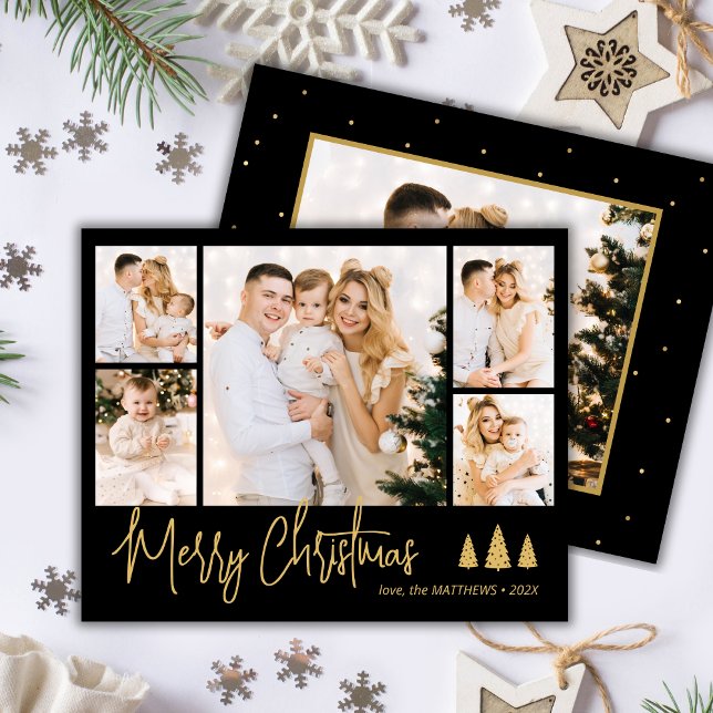 Elegant Script 5 Photo Collage Christmas Card (Creator Uploaded)
