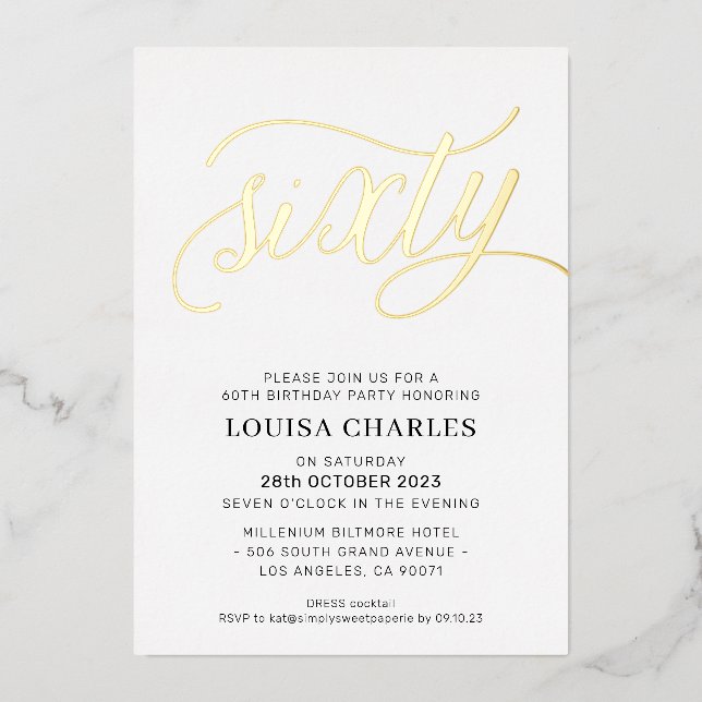 ELEGANT SCRIPT 60th birthday party stylish gold Foil Invitation (Front)