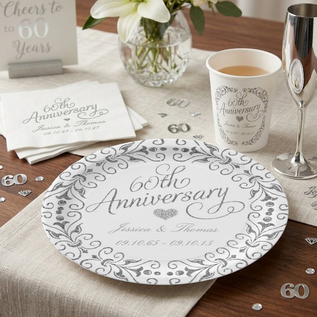 Elegant Script 60th Diamond Wedding Anniversary Paper Plates (Creator Uploaded)