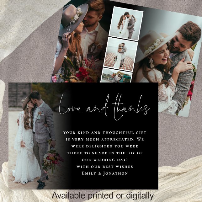 Elegant Script 6 Photos Wedding Love Thanks Black Card (Front and back view 6 Photos Black Overlay Thank You available digitally and printed)