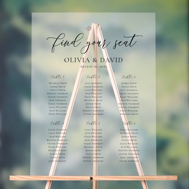 Elegant Script 6 table Seating Chart Acrylic Sign (Neutral)
