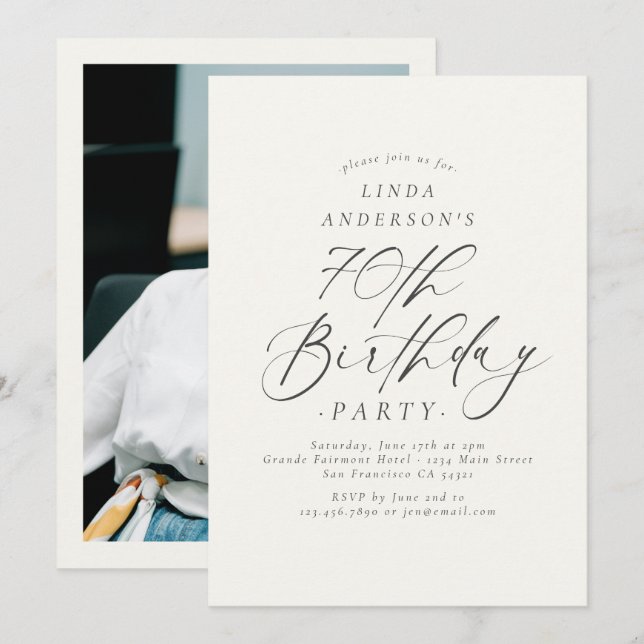 Elegant Script 70th Birthday Party Photo Invitation (Front/Back)