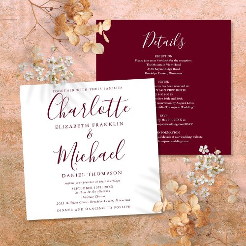 Elegant Script All In One Burgundy Wedding Invitation