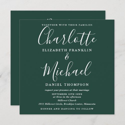Elegant  Script All In One Emerald Green Wedding Invitation