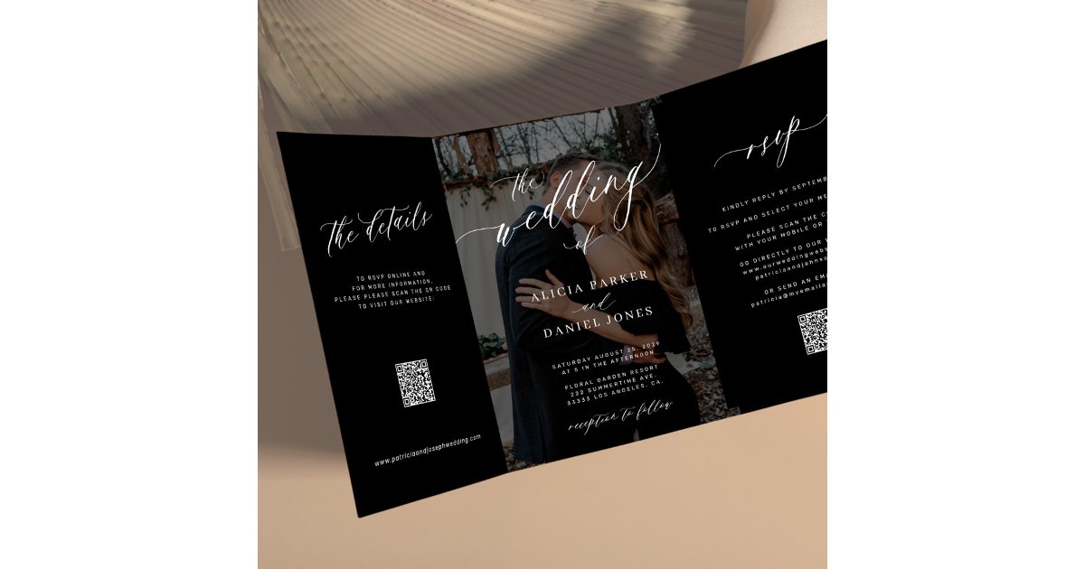 Elegant script all in one photo black wedding Tri-Fold invitation | Zazzle
