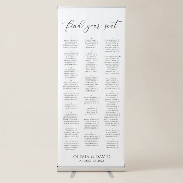 Elegant Script Alphabetical Seating Chart Retractable Banner (Front)