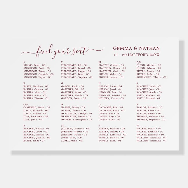 Elegant Script Alphabetical Wedding Seating Chart Foam Board (Front)