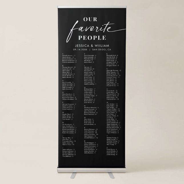 Elegant Script Alphabetical Wedding Seating Chart Retractable Banner (Front)